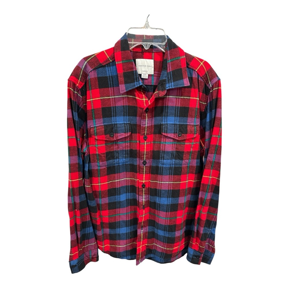 American Eagle Classic Fit Long Sleeve Red Blue Plaid Soft Flannel Shirt S